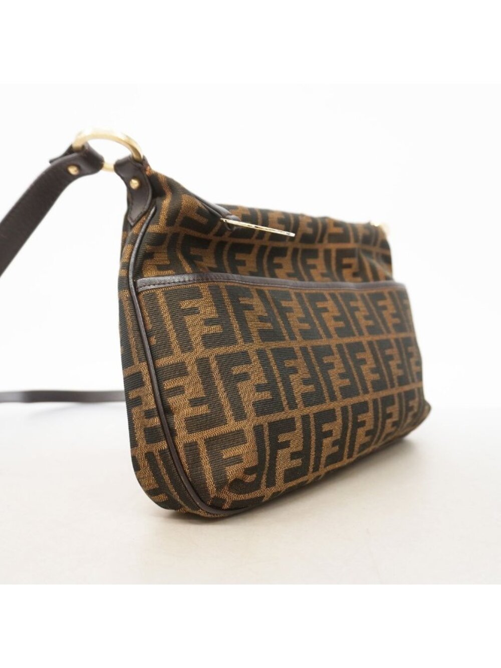 Fendi Shoulder Bag Zucca Nylon Canvas Brown Champagne Gold - Picture 2 of 9